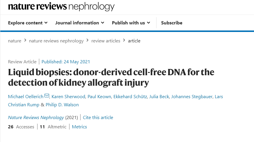 《Nature Reviews Nephrology》发表综述：ddcfDNA可用于移植肾损伤检测